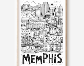 Affiche murale imprimable de Memphis : Skyline style crayon (téléchargement numérique)