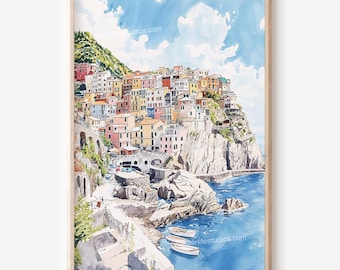 Cinque Terre Wall Art: Coastal Village Watercolor Style Digital Download