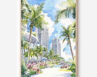 Miami Beach Wall Art: Tropical Watercolor Scene Digital Download