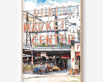 Decoración de pared del mercado Pike Place: Descarga digital en acuarela para una decoración instantánea del hogar.