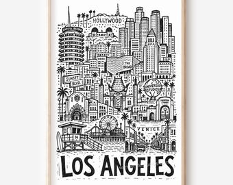 Illustration imprimable de Los Angeles au style crayon : panorama urbain (téléchargement numérique)