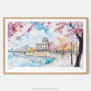 Hiroshima Watercolor Art Print: Cherry Blossom Scene with the Atomic Dome