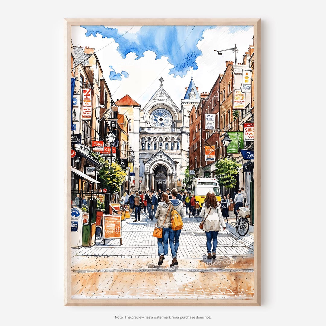 水彩画 街並みと人物 ダブリンの街並みの壁画：水彩画風デジタルダウンロード - Etsy 日本