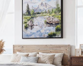 Grand Teton National Park Canvas Print: Square Watercolor Mountain Landscape Wall Art