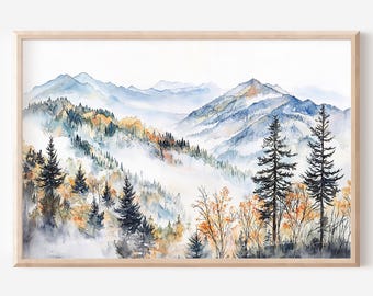 Muurdecoratie van de Great Smoky Mountains: Aquarel landschap (digitale download)