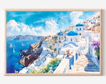 Santorini Blue Dome Church Wall Art: Watercolor Digital Download