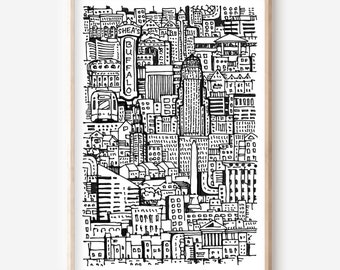 Abstract Buffalo NY Art Print - Hand-drawn Buffalo NY City Drawing in unique Line Art Style - Great Home Decor Gift