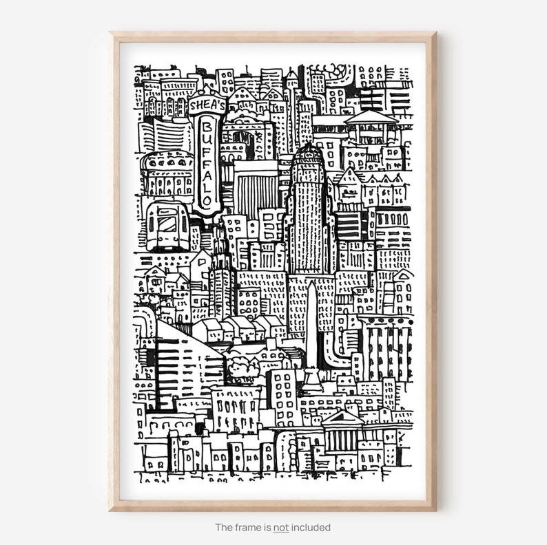 Abstract Buffalo NY Art Print - Hand-drawn Buffalo NY City Drawing in unique Line Art Style - Great Home Decor Gift image 1