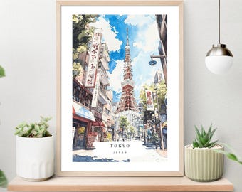 Tokyo Tower Watercolor Art Print - Tokyo Street Wall Art - Japan