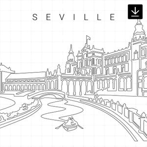 Arte de pared imprimible de Sevilla - Sevilla España Plaza De España Arte de línea única - Descarga digital - 100% dibujado a mano - Descarga instantánea