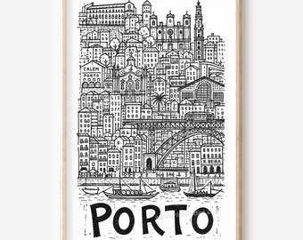 Porto Pencil-Style Printable Wall Art: Clérigos Tower, Dom Luís Bridge and Metro Train Digital Download