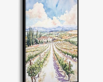 Napa Valley Vineyard Canvas Print: Watercolor Landscape Wall Art