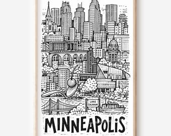 Silhouette de Minneapolis à imprimer : illustration style crayon (téléchargement numérique)
