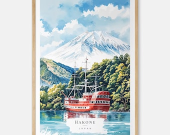 富士山と象徴的な海賊船を描いた箱根の水彩画アートプリント - 日本