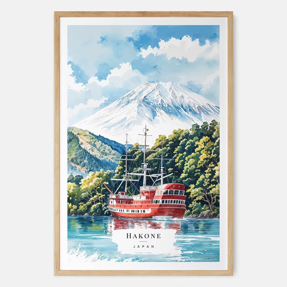 富士山と象徴的な海賊船を描いた箱根の水彩画アートプリント - 日本