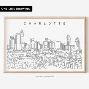 Charlotte NC Skyline One Line Drawing Wall Art - Charlotte NC Art Print - Charlotte NC Poster - North Carolina Housewarming Gift