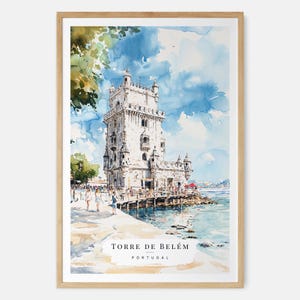 Arte dell'acquerello Torre de Belem, decorazione murale di Lisbona, stampa di viaggio in Portogallo, arte costiera, regalo per i viaggiatori, decorazioni per la casa