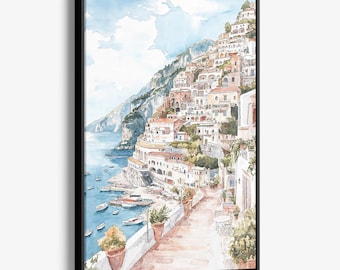Positano Watercolor Canvas Print: Charming Coastal Village Landscape Art