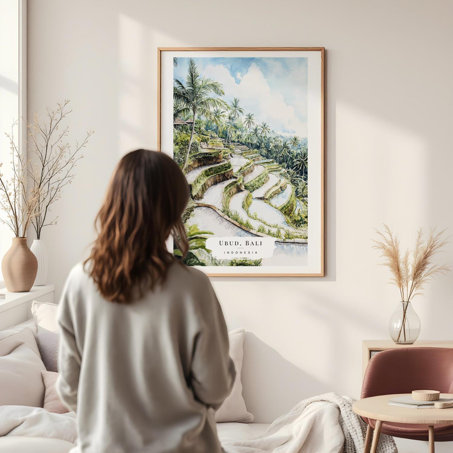 ウブド・バリの水彩画プリント - バリの棚田の壁掛けアート