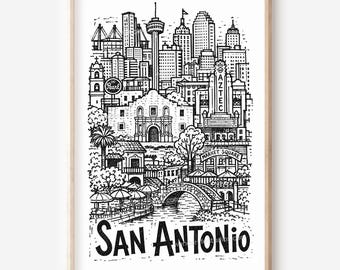 Illustration imprimable de San Antonio style crayon : panorama de la ville (téléchargement numérique)