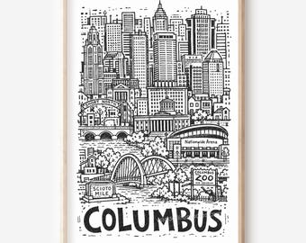 Paysage urbain de Columbus à imprimer : Skyline style crayon (téléchargement numérique)