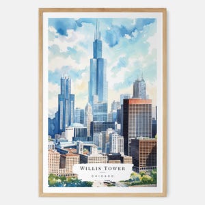 Stampa artistica acquerello Willis Tower Chicago - Arte murale skyline di Chicago - Stampa di viaggio negli USA - Regalo di viaggio - Regalo di trasloco - Regalo per la nuova casa