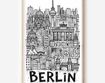 Berlin Pencil-Style Printable Wall Art: Brandenburg Gate, Cathedral Dome and Kreuzberg Digital Download