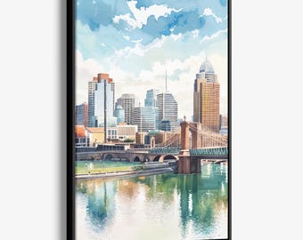 Cincinnati, Ohio – Aquarell-Leinwanddruck: Stadtsilhouette als Wandbild