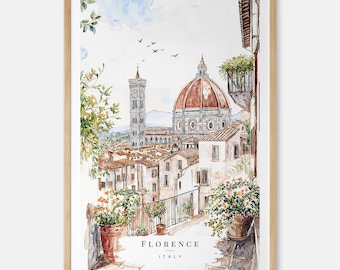 Florence Italy Watercolor Painting Art Print - Italy Travel Print with Florence Duomo Cathedral - Travel Gift - Moving Gift - New Home Gift