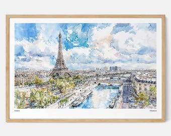 Paris Watercolor Art Print: Eiffel Tower and Seine River Wall Art