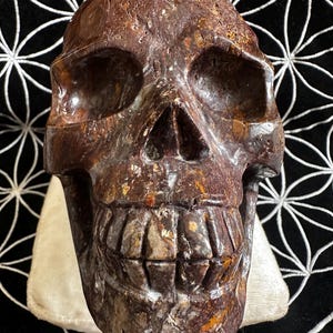 May include: A brown and orange crystal skull sculpture with detailed carvings. The skull is resting on a white fabric surface.