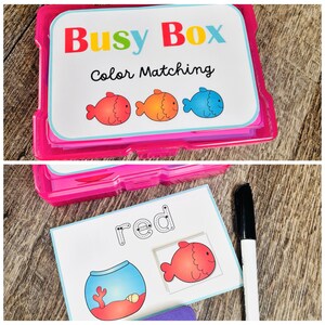 Puede incluir: Un juego de caja de pl&aacute;stico rosa etiquetado como "Busy Box Color Matching" con tarjetas que presentan ilustraciones de peces coloridos. Una tarjeta muestra un pez rojo y la palabra "red". Tambi&eacute;n se ve un marcador negro.