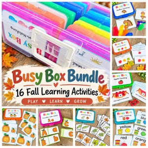 May include: A Busy Box Bundle set featuring 16 fall learning activities in a clear plastic storage case with colorful lids. The set includes various small containers with labels like Feather Counting, Leaf Counting, Apple Counting, and Color Matching.