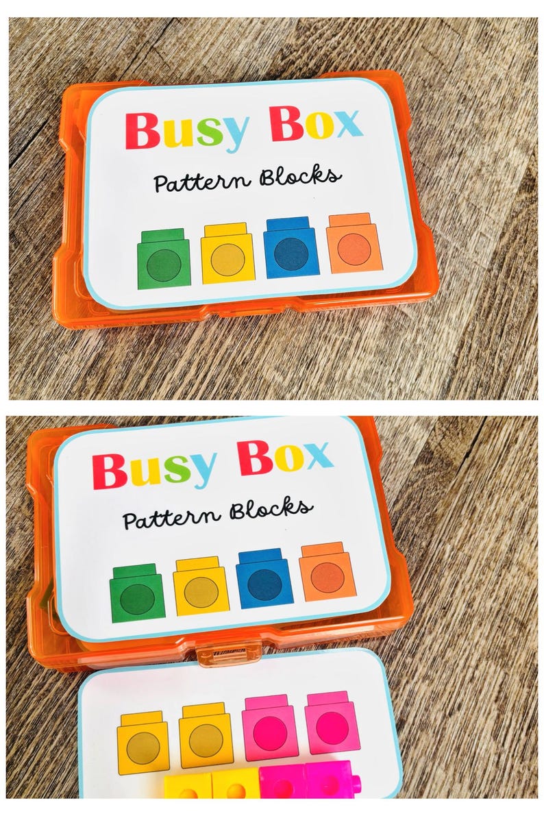 Puede incluir: Una Busy Box de pl&aacute;stico naranja que contiene bloques de patrones. La caja tiene una tarjeta blanca con ilustraciones de bloques coloridos en verde, amarillo, azul y naranja. El texto "Busy Box" est&aacute; en rojo, amarillo y azul.