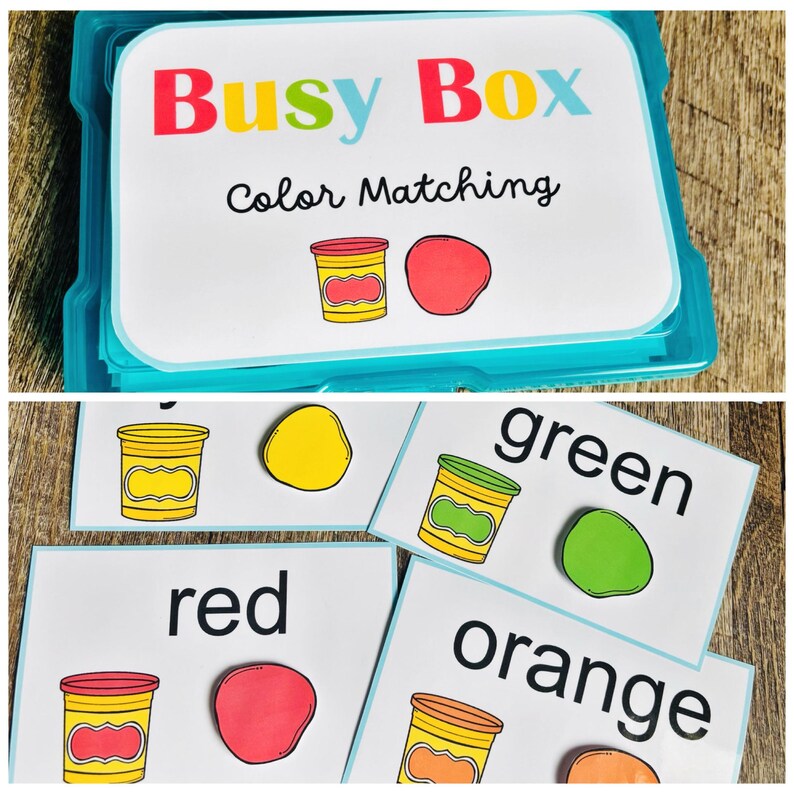 Puede incluir: Una caja de pl&aacute;stico azul con la etiqueta "Busy Box Color Matching" contiene tarjetas de combinaci&oacute;n de colores. Las tarjetas presentan ilustraciones de botes de plastilina y bolas de plastilina de colores a juego. Las tarjetas individuales muestran colores como rojo, verde y naranja.