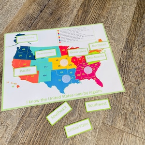 United States Regions Game, Geography Game, Homeschool Learning Game, Montessori Homeschool Activity