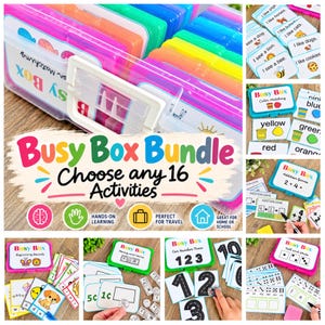 May include: A multi-colored plastic storage case containing educational activity cards labeled Busy Box Bundle. The set includes various learning games such as color matching, addition, beginning sounds, money, and number tracing cards.
