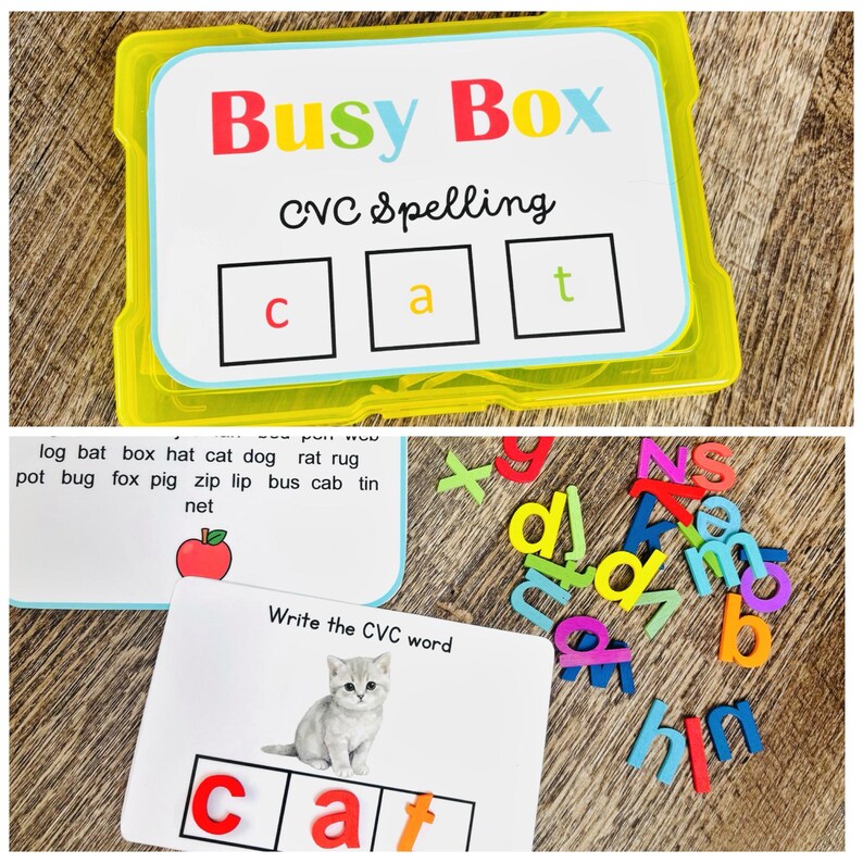Puede incluir: Una caja de pl&aacute;stico amarilla que contiene tarjetas de ortograf&iacute;a CVC. Las tarjetas muestran "Busy Box" y "CVC Spelling". Tarjetas adicionales muestran un gato y las letras c, a y t. Letras magn&eacute;ticas coloridas est&aacute;n dispersas cerca.