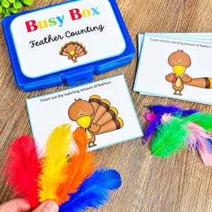 May include: A blue plastic storage box labeled Busy Box Feather Counting, accompanied by instructional cards featuring cartoon turkeys and a collection of vibrant red, yellow, orange, blue, green, and pink craft feathers for counting activities.