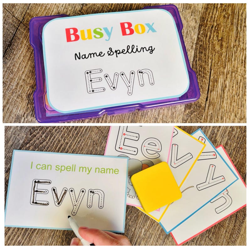 Puede incluir: Una caja morada Busy Box para deletrear nombres, con tarjetas con el nombre "Evyn" en l&iacute;neas punteadas para trazar. La caja incluye una goma de borrar amarilla y tarjetas con letras. Tambi&eacute;n es visible el texto "I can spell my name".