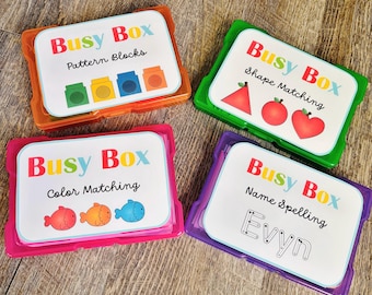 Toddler Busy Box Bundle | Montessori Learning Activities Set | Color Matching, Shape Sorting, Name Spelling & Pattern Blocks