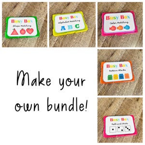 Puede incluir: Una colecci&oacute;n de juegos de aprendizaje Busy Box. Los juegos incluyen la correspondencia de formas, la correspondencia de letras, la correspondencia de colores, bloques de patrones y tirar y escribir. Tambi&eacute;n est&aacute; presente el texto "Make your own bundle!"