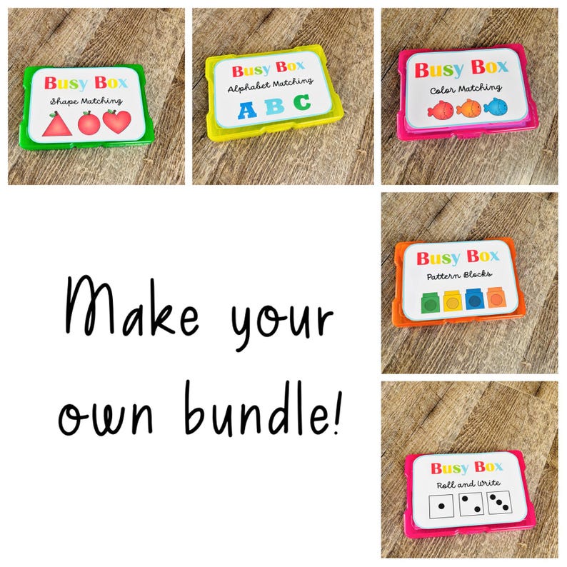 Puede incluir: Una colecci&oacute;n de juegos de aprendizaje Busy Box. Los juegos incluyen la correspondencia de formas, la correspondencia de letras, la correspondencia de colores, bloques de patrones y tirar y escribir. Tambi&eacute;n est&aacute; presente el texto "Make your own bundle!"