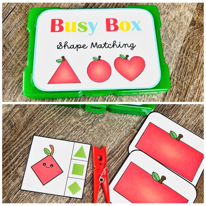 Puede incluir: Una caja de pl&aacute;stico verde con una tapa blanca que dice "Busy Box Shape Matching". La tapa presenta ilustraciones de manzanas en forma de tri&aacute;ngulo, c&iacute;rculo y coraz&oacute;n. Se ven tarjetas de emparejamiento y una pinza roja.