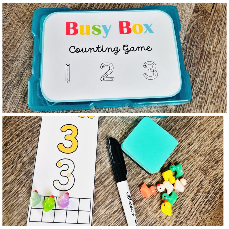 Puede incluir: Un juego de conteo Busy Box con una caja de pl&aacute;stico azul. El juego incluye tarjetas con los n&uacute;meros 1, 2 y 3, un rotulador de borrado en seco, una goma de borrar y contadores con forma de animales. Dise&ntilde;ado para el aprendizaje temprano.