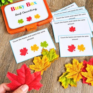 May include: An orange plastic storage box labeled Busy Box Leaf Counting, containing white activity cards with the text Count the leaves and match the same amount, accompanied by several artificial red, yellow, and green maple leaves.