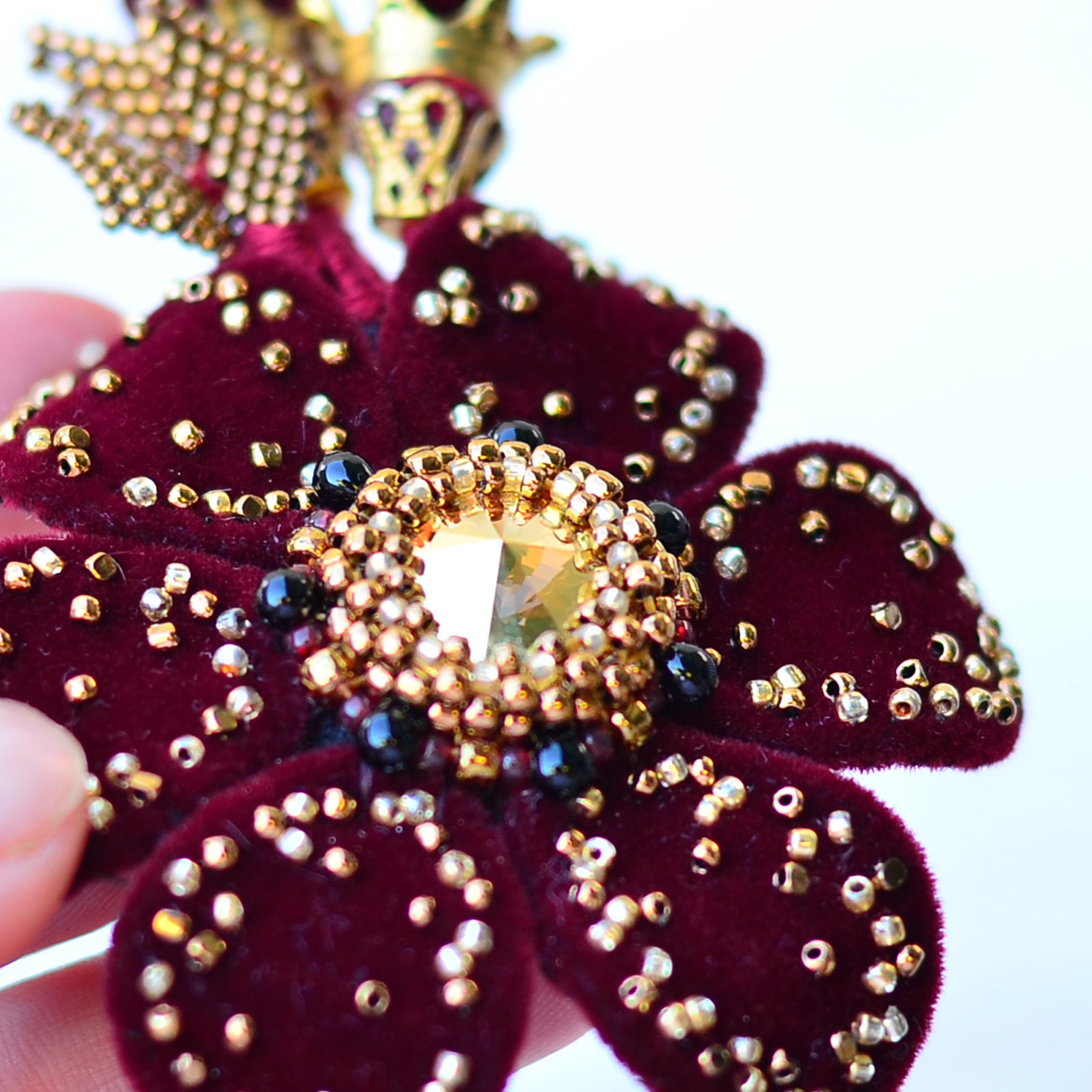 Embroidered brooch flower velvet brooch with Swarovski Etsy