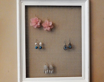 Earring Holder Wall Earring Organizer Wall Rustic Jewelry Organizer Wall Burlap Gift for her Earring display White Jewelry Holder Wood Decor