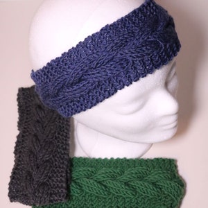 Knitted Soft Merino Headband Ear Warmer Turban Hair Band Earmuffs Windshield~98% Merino Wool Extrafine~Blue-Green-Beige~Pigtail Pattern