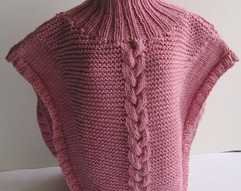 Hand-knitted girl-child poncho cape with turtleneck in dreamlike pink~100% Australian merino wool by LangYarns in size 80-92